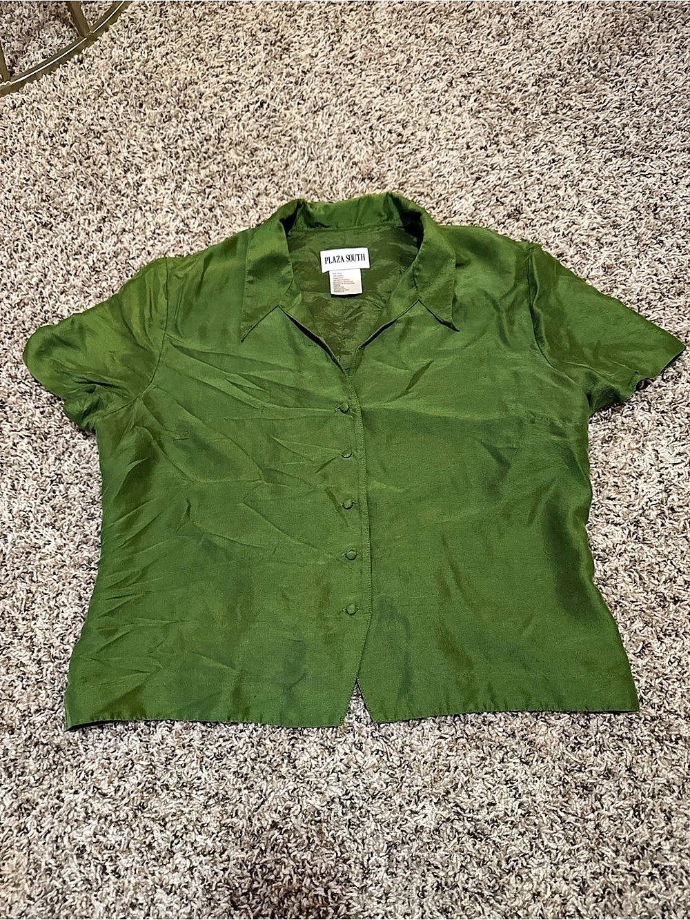 Vintage Plaza South Green Silk Short Sleeve Blouse